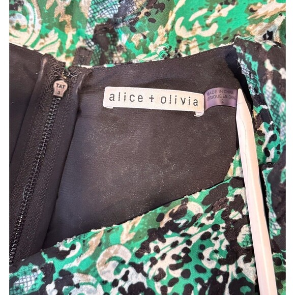 Alice Olivia Dress Green Rita Silk Mini Fit Flare Snakeskin V Neck A Line Size 4 - Picture 4 of 13